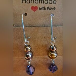 Handmade Copper/ Purple AB Glass, Glazed & Crystal & Beaded Earrings